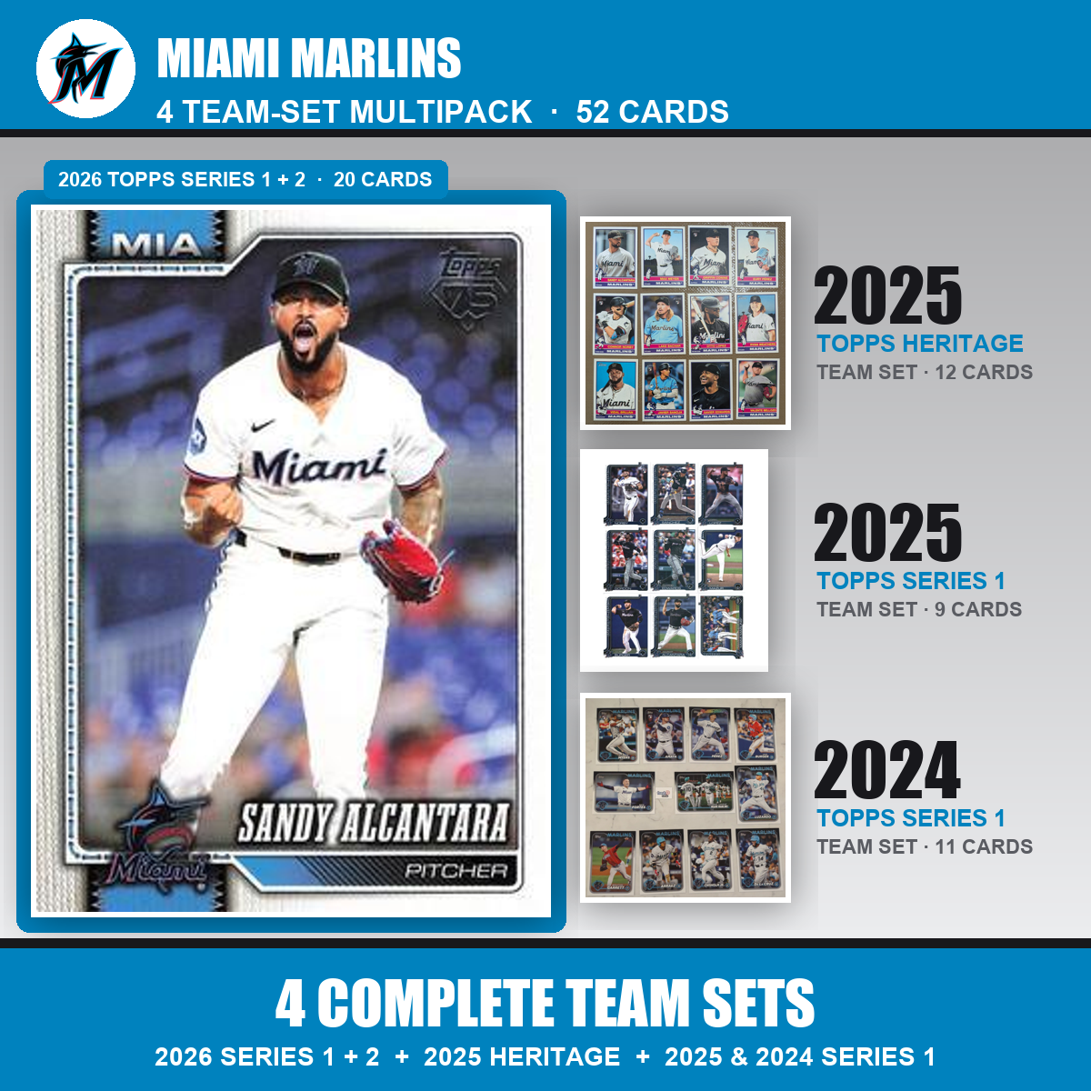 Miami Marlins Baseball Team Set Multipack - 2026 Topps Series 1 & 2 + 2025 Heritage + 2025 2024 Topps Series 1 - 4 Complete Team Sets - Sandy Alcantara