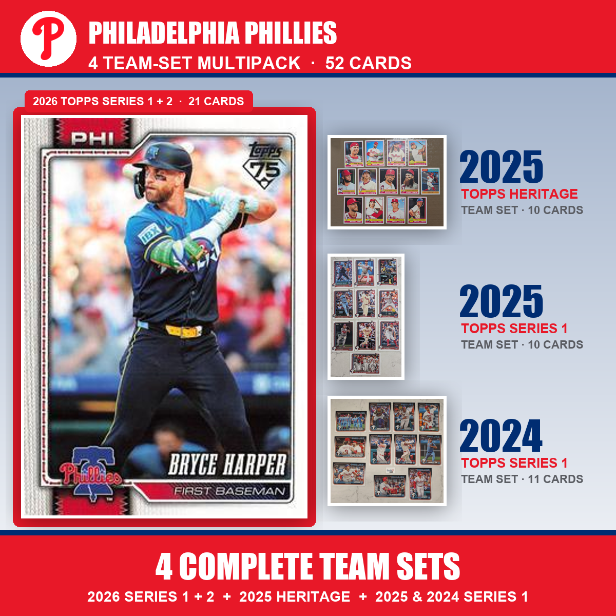Philadelphia Phillies Baseball Team Set Multipack - 2026 Topps Series 1 & 2 + 2025 Heritage + 2025 2024 Topps Series 1 - 4 Complete Team Sets - Bryce Harper
