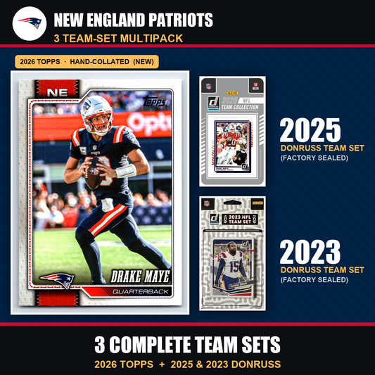 New England Patriots Football Team Set Multipack - 2026 Topps + 2025 2023 Donruss - 3 Complete Team Sets - Drake Maye