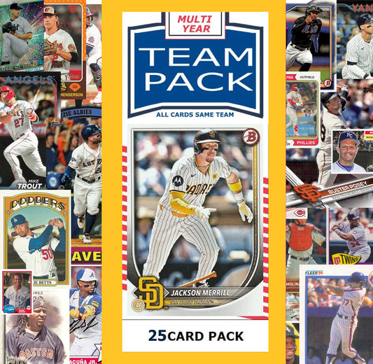 25 Card Multiyear Team Pack San Diego Padres 2024 2023 2025 Jackson Merrill Topps Stadium Club Archives Chrome Heritage Bowman