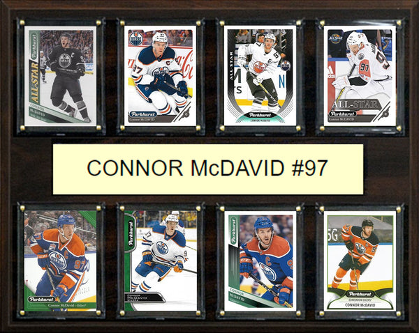 Connor McDavid #97 Edmonton Oilers hockey plaque with 8 trading cards and engraved nameplate, 12x15 fan cave display