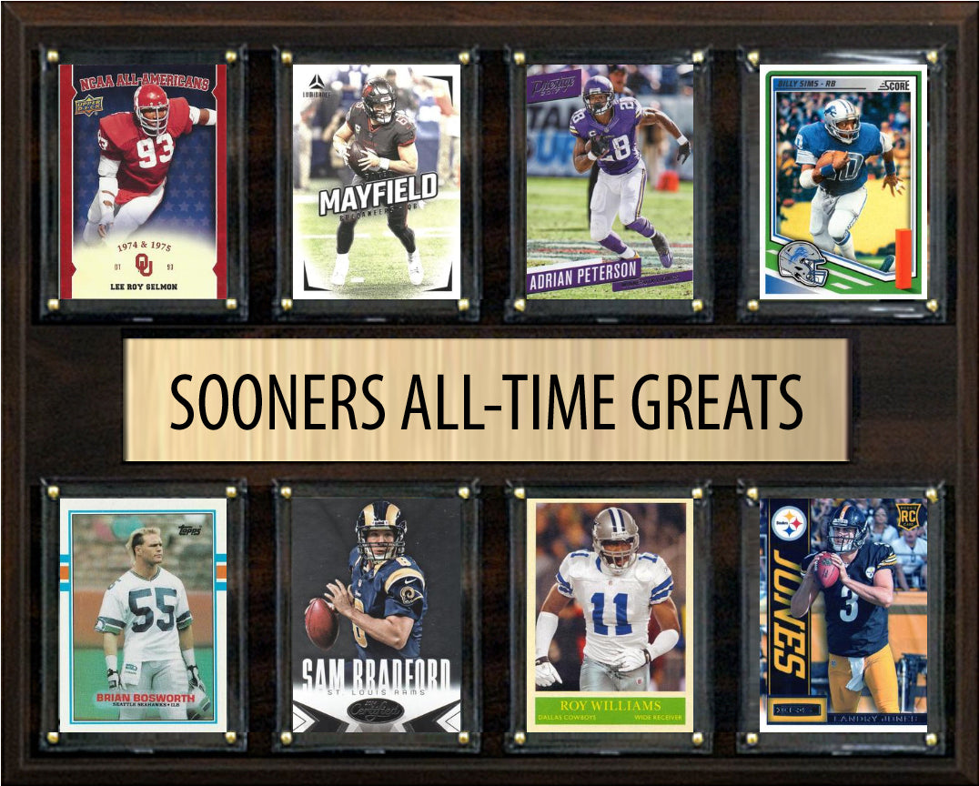 Oklahoma Sooners Legends Plaque 8 Cards Baker Mayfield Billy Sims Bosworth Adrian Peterson