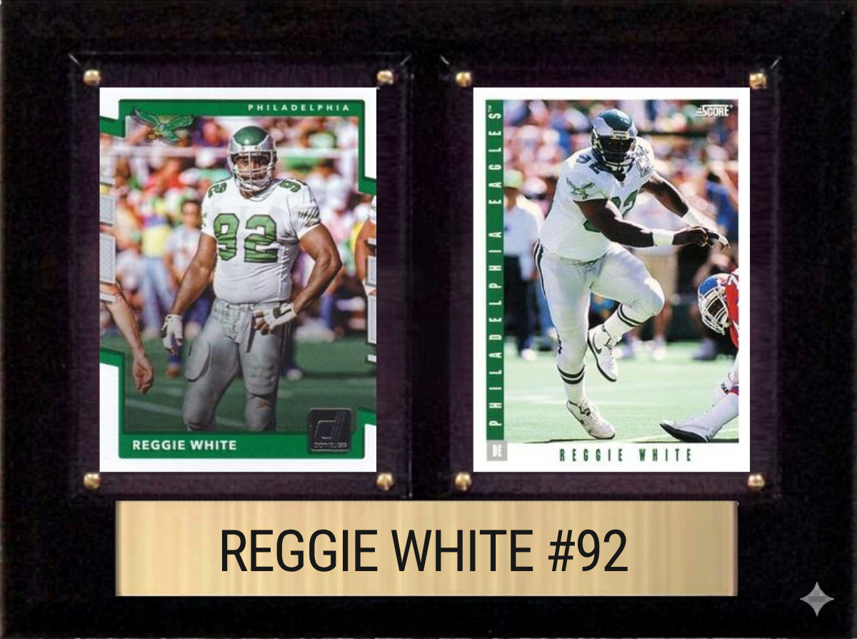 Reggie White Philadelphia Eagles Hall of Fame Fan Gift Plaque 6x8 2 Cards Prizm, Donruss, Score 2024 2025 2026