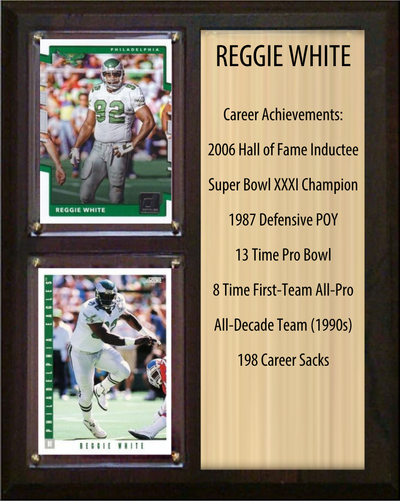 Reggie White Philadelphia Eagles Hall of Fame Stats Plaque 8x10 2 Cards Prizm, Donruss, Score 2024 2025 2026