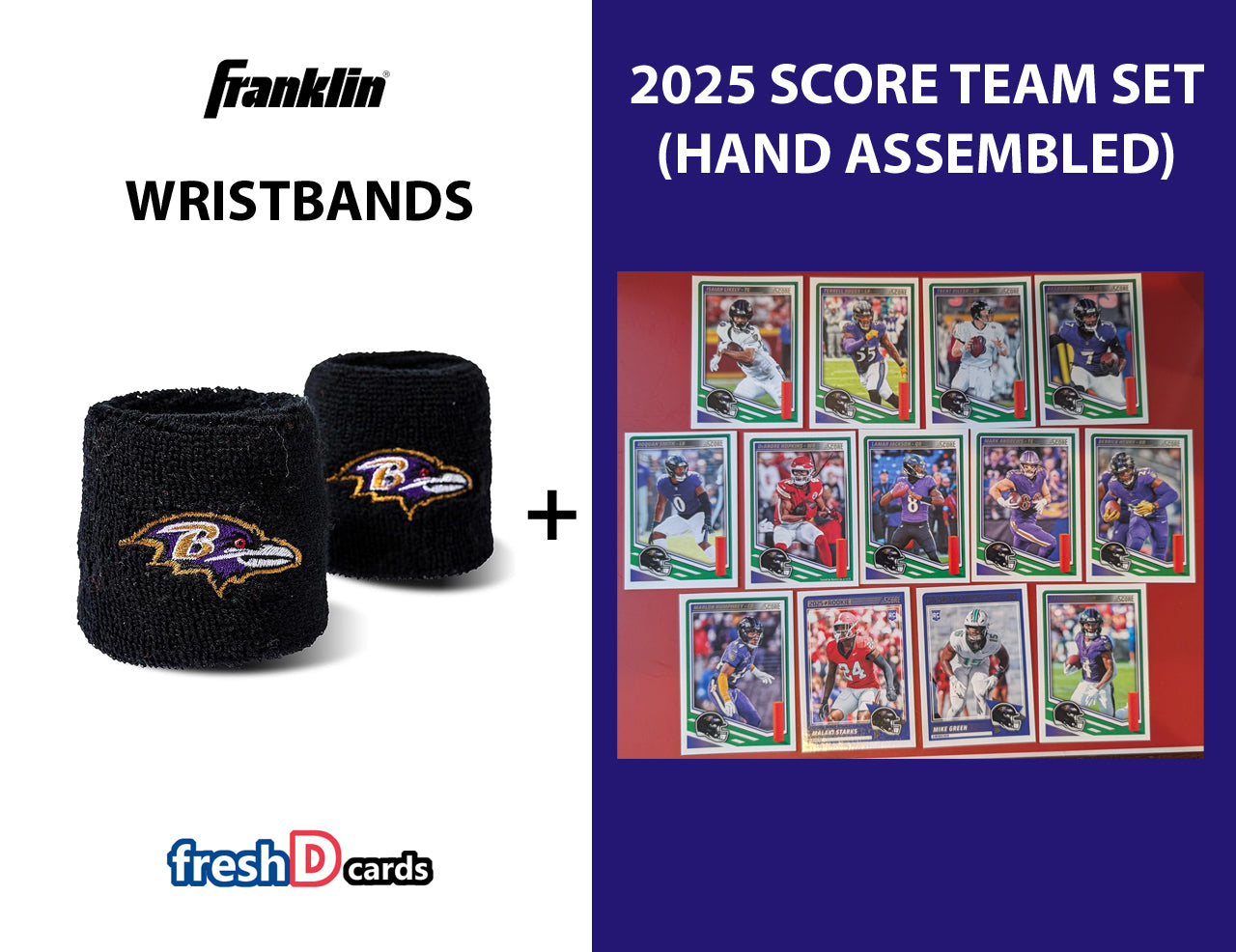 Franklin NFL Team Football Baltimore Ravens Wrist Bands + 2025 Cards Team Set - Lamar Jackson Derrick Henry