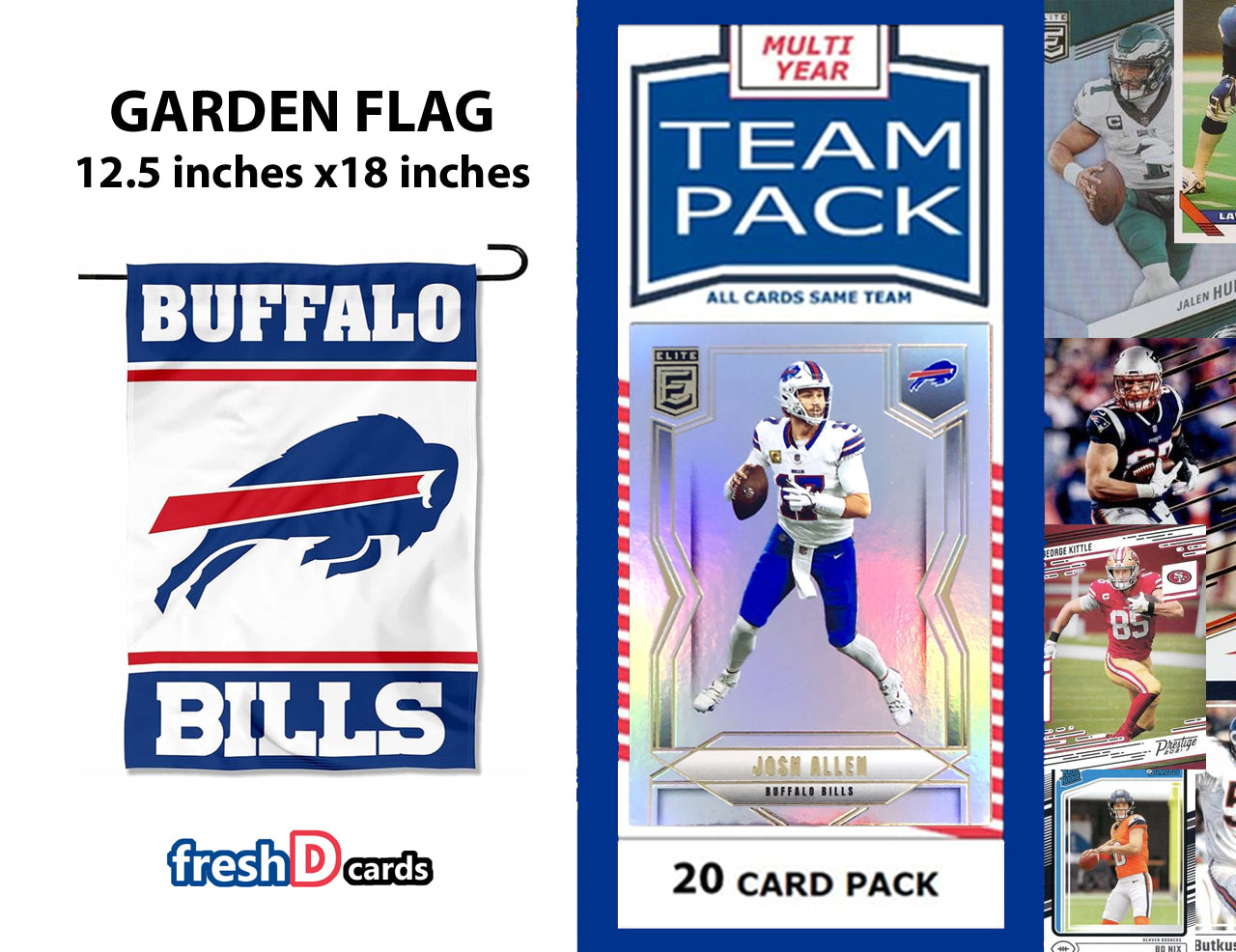 Garden Flag WinCraft Buffalo BIlls Double Sided + 2025 Multiyear Team Pack Cards Josh Allen