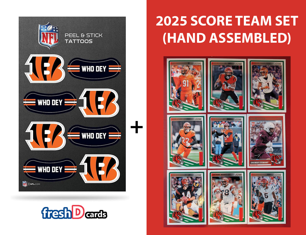 Cincinnati Bengals NFL Football Peel & Stick Temporary Tattoos + 2025 SCORE Team Set  Burrow