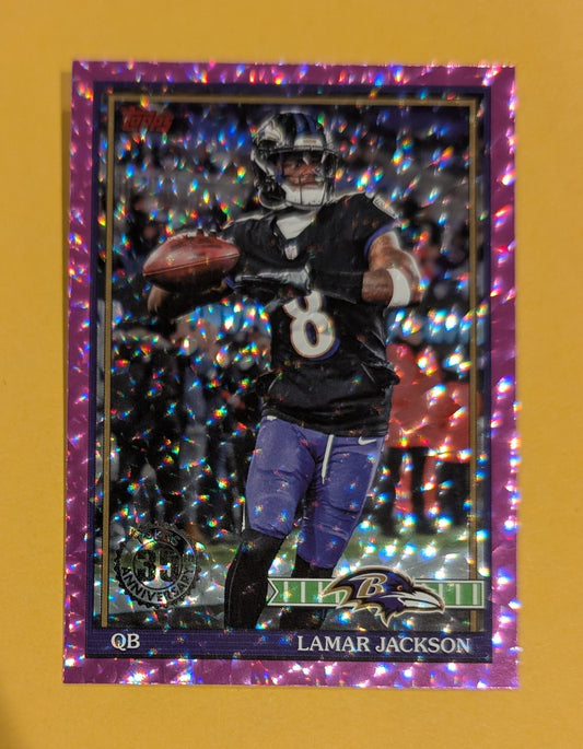 2026 Topps Football Lamar Jackson 1991 Topps Football #91TF-7 Pink Crackle Foil