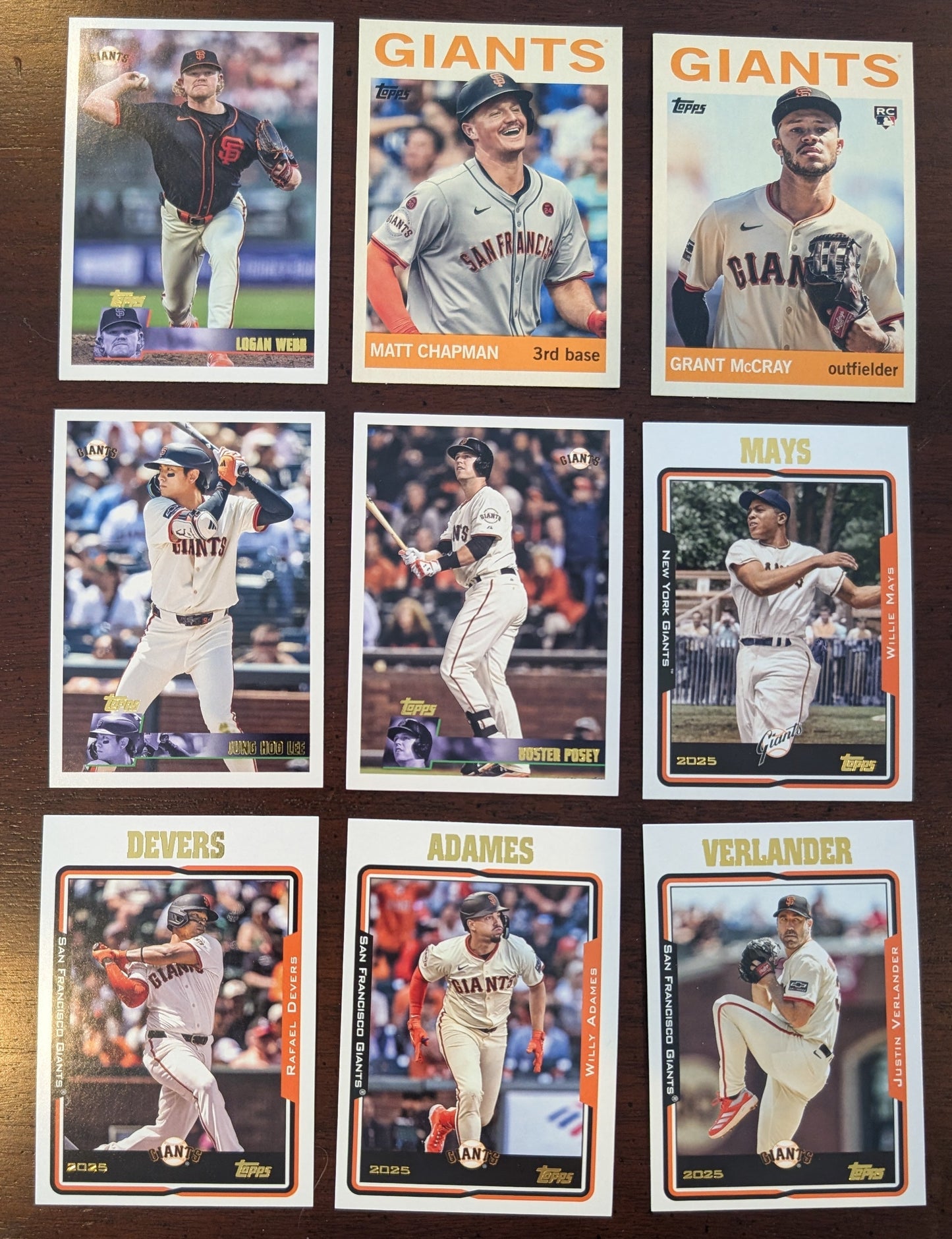 2025 Topps Archives Baseball Team Set 9 Cards San Francisco Giants Devers Posey Mays