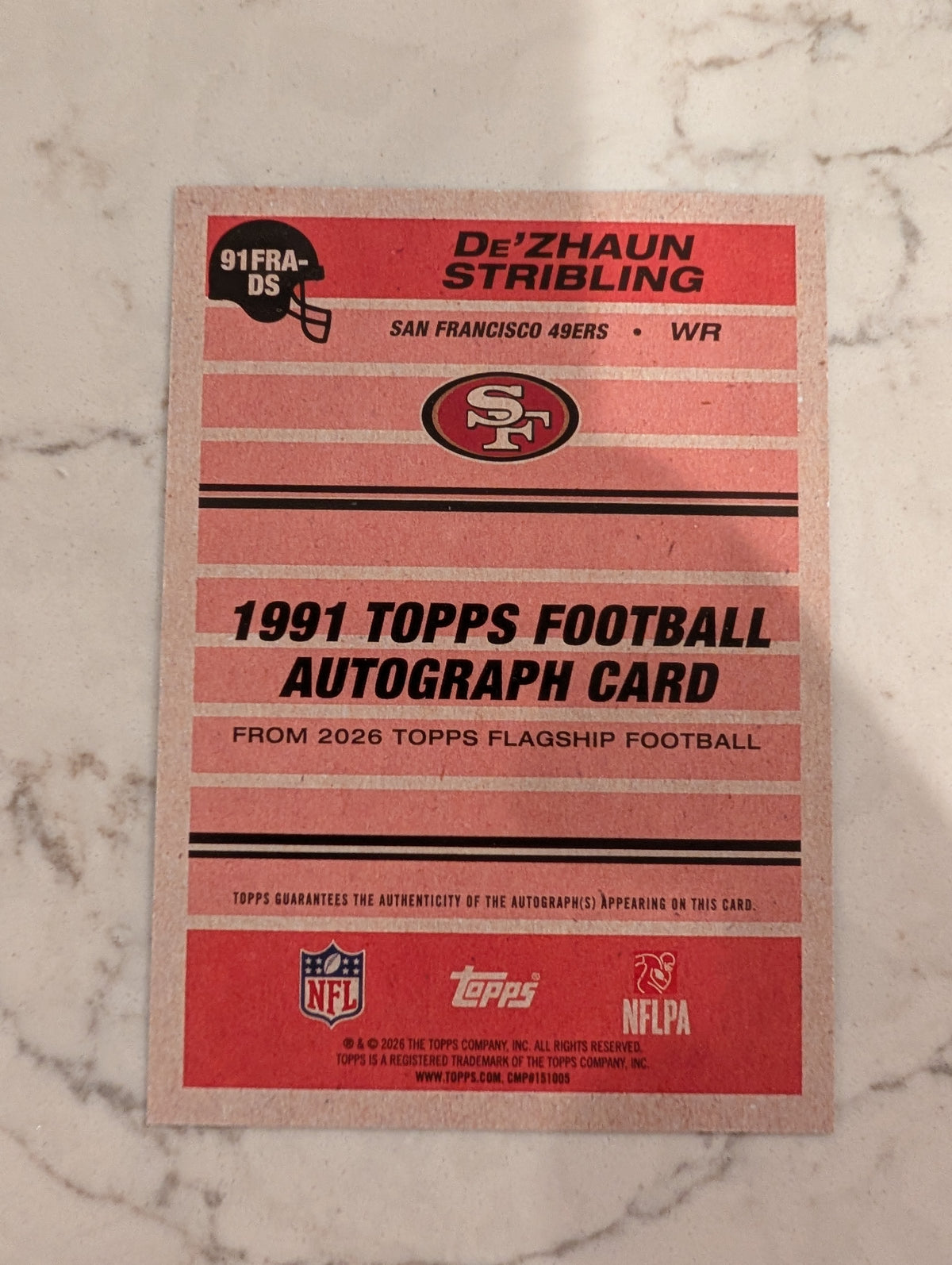 2026 Topps Football De'Zhaun Stribling 1991 Topps Rookie Autograph Black /10 #91FRA-DS - San Francisco 49ers