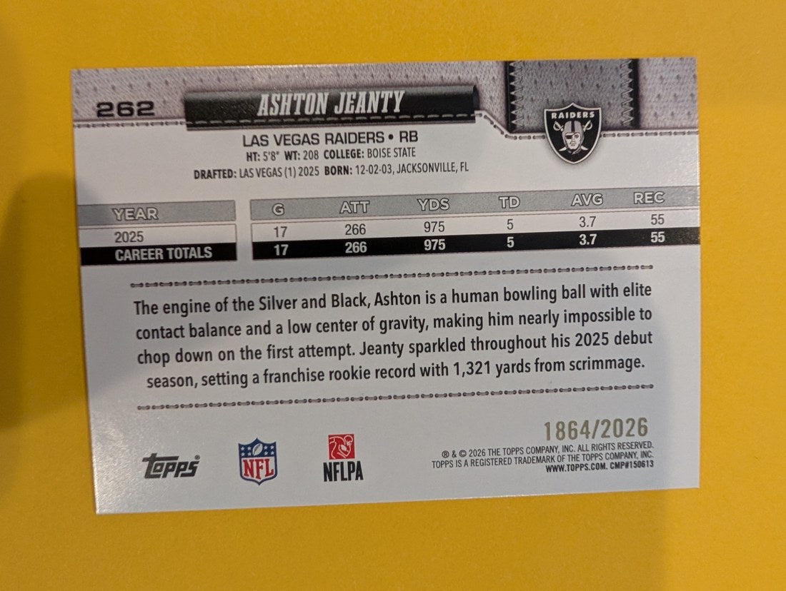 Ashton Jeanty Future Stars 2026 Topps Football back