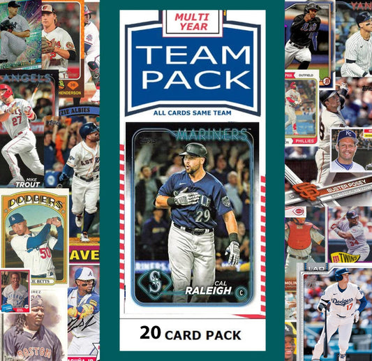 20 Card Multiyear Team Pack Seattle Mariners Cal Raleigh 2024 2023 2025 Topps Stadium Club Archives Chrome Heritage Bowman