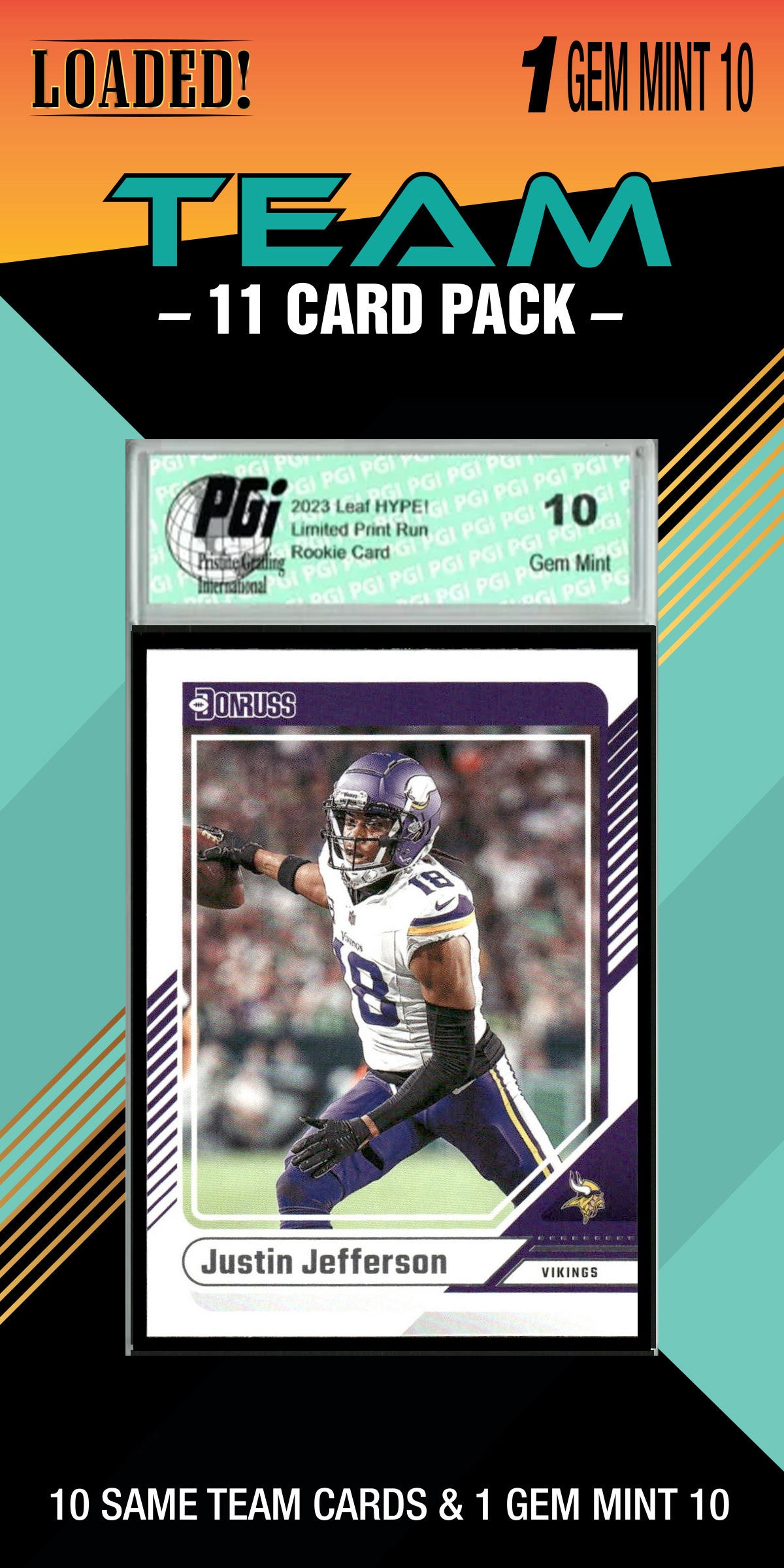 NFL Minnesota Vikings Trading Card Pack — 11 Cards with 1 Graded Slab