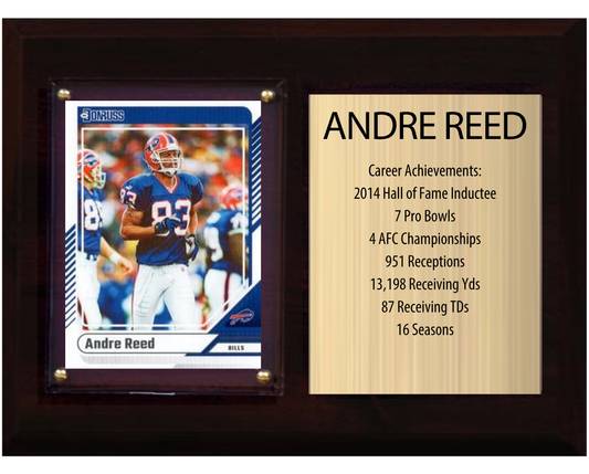 Andre Reed Buffalo Bills football stats plaque with 1 trading card and engraved nameplate, 6x8 fan cave display