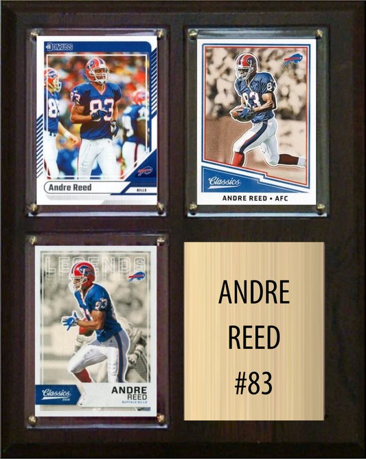 Andre Reed Buffalo Bills football plaque with 3 trading cards and engraved nameplate, 8x10 fan cave display