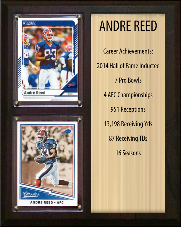 Andre Reed Buffalo Bills football stats plaque with 2 trading cards and engraved nameplate, 8x10 fan cave display