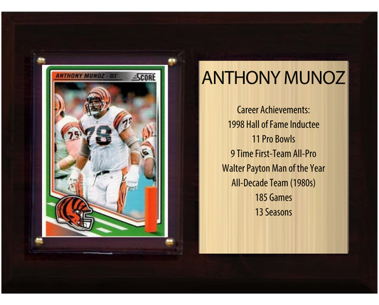 Anthony Munoz Cincinnati Bengals football stats plaque with 1 trading card and engraved nameplate, 6x8 fan cave display
