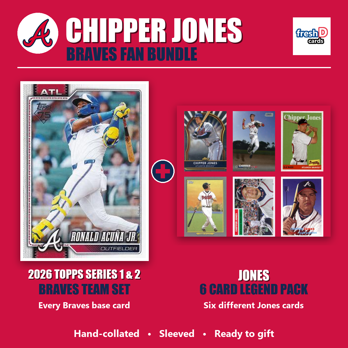 Chipper Jones Atlanta Braves Baseball Fan Bundle - 2026 Topps Series 1 & 2 Team Set + 6 Card Legend Pack