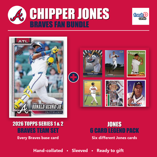 Chipper Jones Atlanta Braves Baseball Fan Bundle - 2026 Topps Series 1 & 2 Team Set + 6 Card Legend Pack