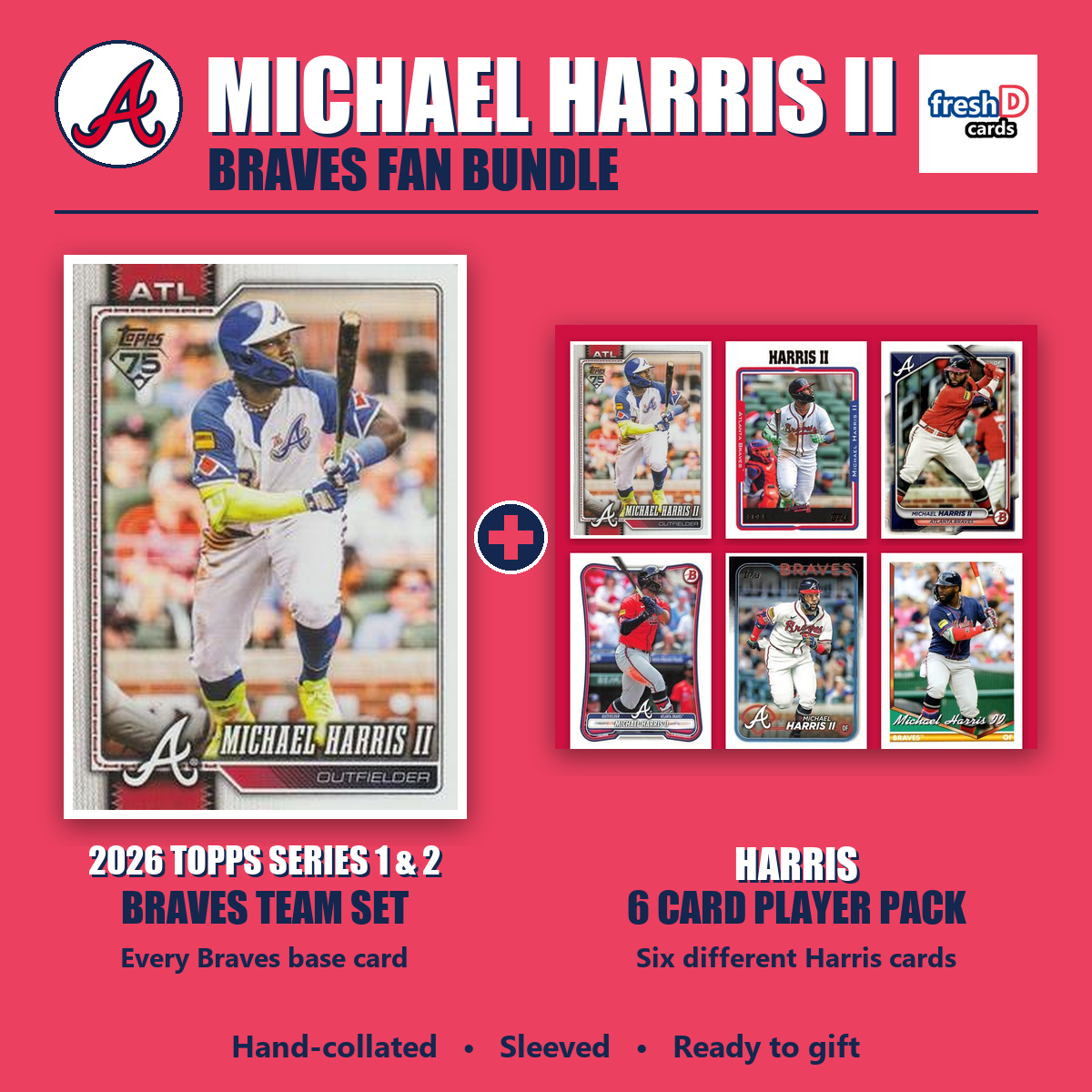 Michael Harris II Atlanta Braves Baseball Fan Bundle - 2026 Topps Series 1 & 2 Team Set + 6 Card Player Pack