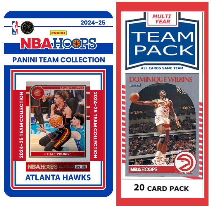 Atlanta Hawks Multiyear Pack 20 Cards Dominique Wilkins + 2024-25 HOOPS Team Set Trae Young plaque