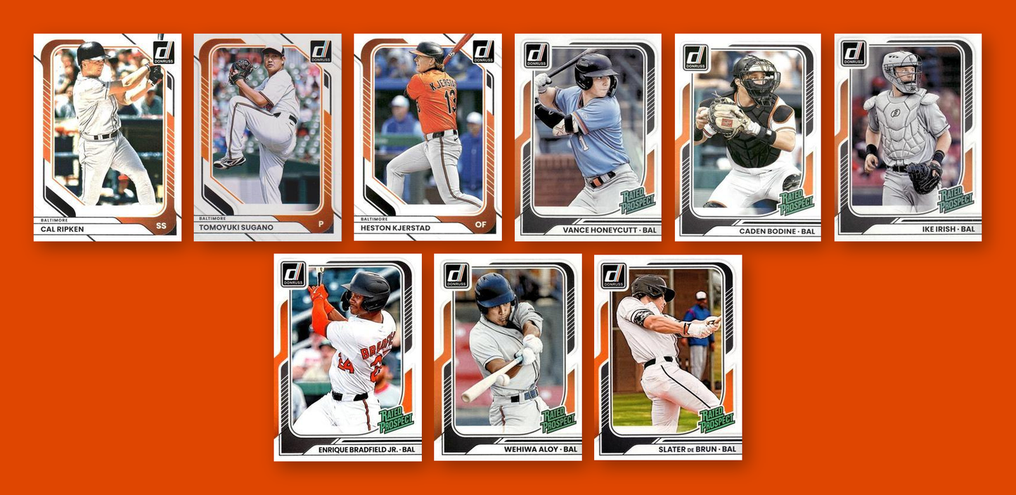 2026 Donruss Baseball Team Set 9 Cards Baltimore Orioles Ripken Bradfield