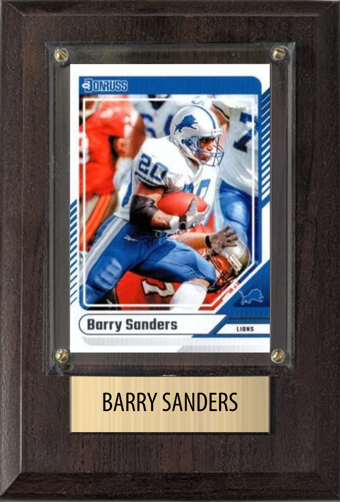 Barry Sanders Detroit Lions football plaque with 1 trading card and engraved nameplate, 4x6 fan cave display