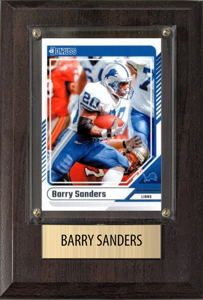 Barry Sanders Detroit Lions football plaque with 1 trading card and engraved nameplate, 4x6 fan cave display