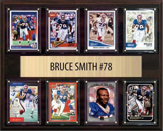 Bruce Smith Buffalo Bills football plaque with 8 trading cards and engraved nameplate, 12x15 fan cave display