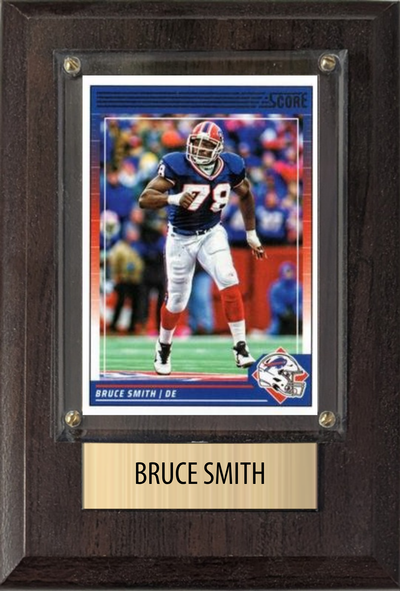 Bruce Smith Buffalo Bills football plaque with 1 trading card and engraved nameplate, 4x6 fan cave display