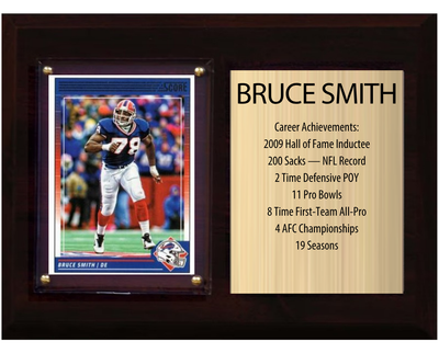 Bruce Smith Buffalo Bills football stats plaque with 1 trading card and engraved nameplate, 6x8 fan cave display
