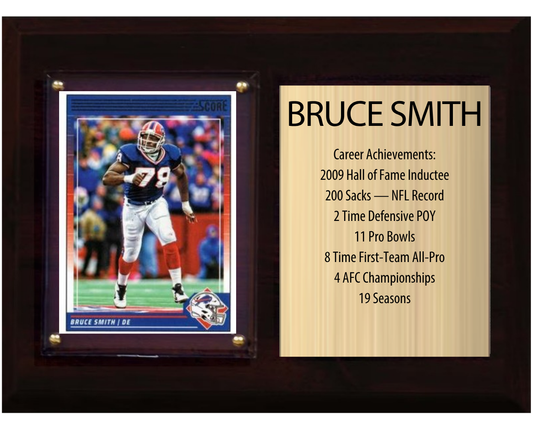 Bruce Smith Buffalo Bills football stats plaque with 1 trading card and engraved nameplate, 6x8 fan cave display