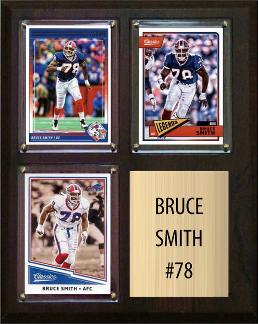 Bruce Smith Buffalo Bills football plaque with 3 trading cards and engraved nameplate, 8x10 fan cave display