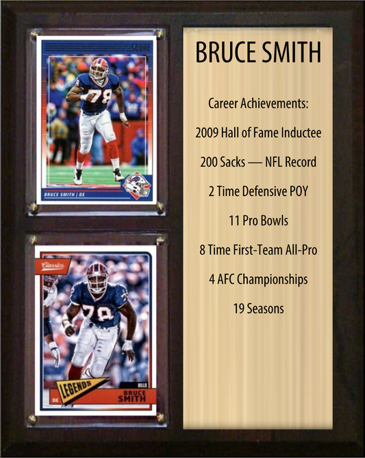 Bruce Smith Buffalo Bills football stats plaque with 2 trading cards and engraved nameplate, 8x10 fan cave display