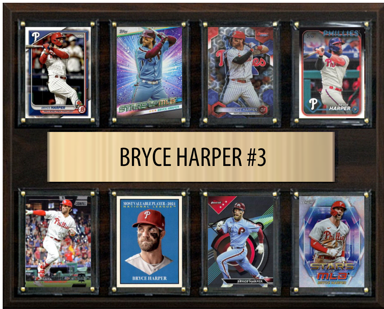 Bryce Harper #3 8 Card baseball plaque with 8 trading cards and engraved nameplate, 12x15 fan cave display