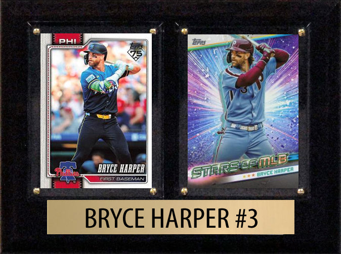 Bryce Harper Philadelphia Phillies 2024 2025 2026 Topps Bowman 2 Card baseball plaque with 2 trading cards and engraved nameplate, 6x8 fan cave display