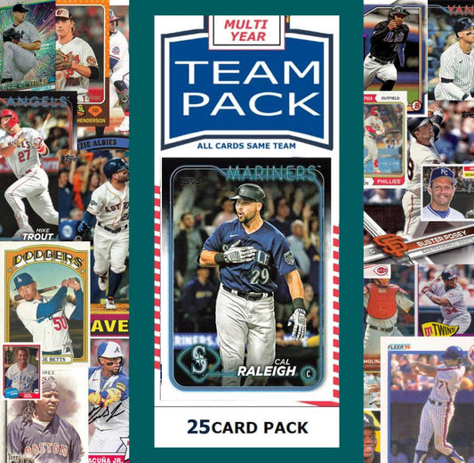 25 Card Multiyear Team Pack Seattle Mariners Cal Raleigh 2024 2023 2025 Topps Stadium Club Archives Chrome Heritage Bowman