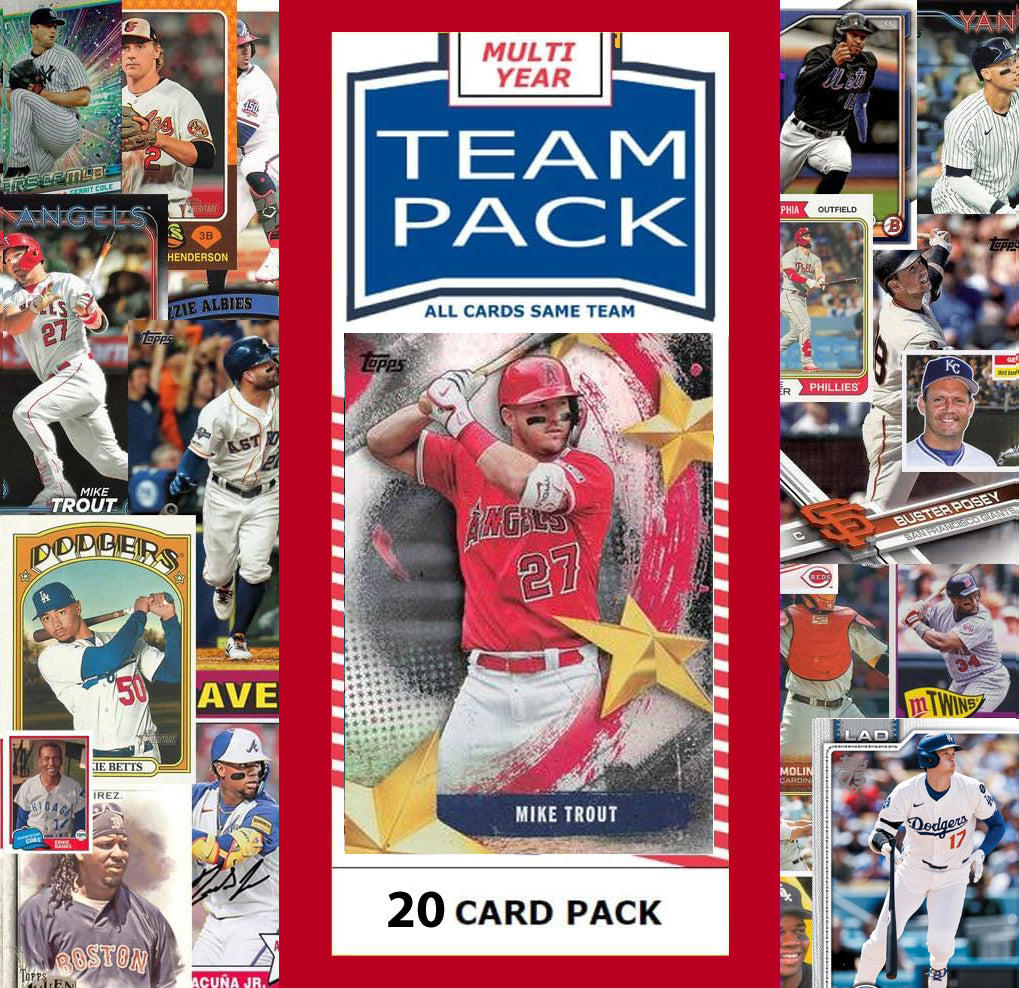 20 Card Multiyear Team Pack LA Angels Mike Trout 2024 2023 2025 Topps Stadium Club Archives Chrome Heritage Bowman