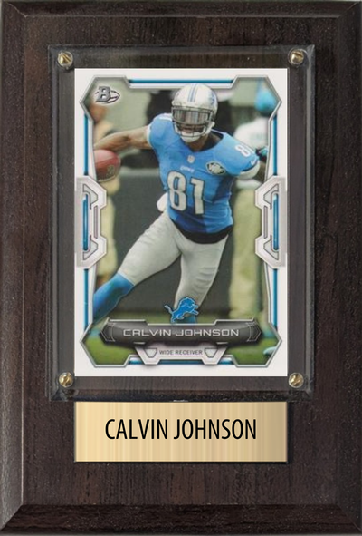 Calvin Johnson Detroit Lions football plaque with 1 trading card and engraved nameplate, 4x6 fan cave display