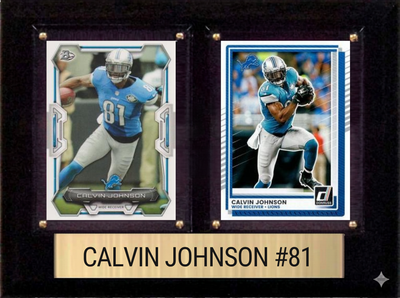Calvin Johnson Detroit Lions football plaque with 2 trading cards and engraved nameplate, 6x8 fan cave display