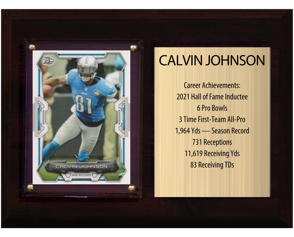 Calvin Johnson Detroit Lions football stats plaque with 1 trading card and engraved nameplate, 6x8 fan cave display