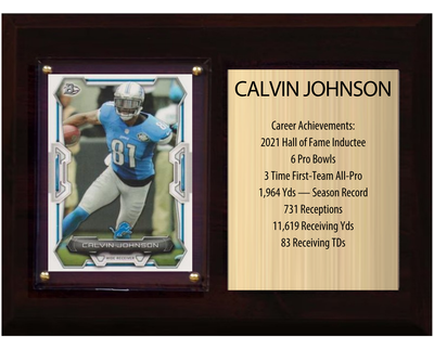 Calvin Johnson Detroit Lions football stats plaque with 1 trading card and engraved nameplate, 6x8 fan cave display