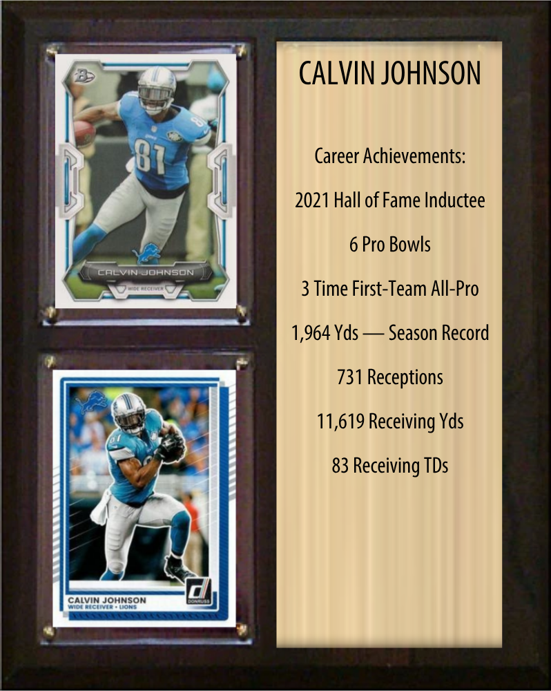 Calvin Johnson Detroit Lions football stats plaque with 2 trading cards and engraved nameplate, 8x10 fan cave display