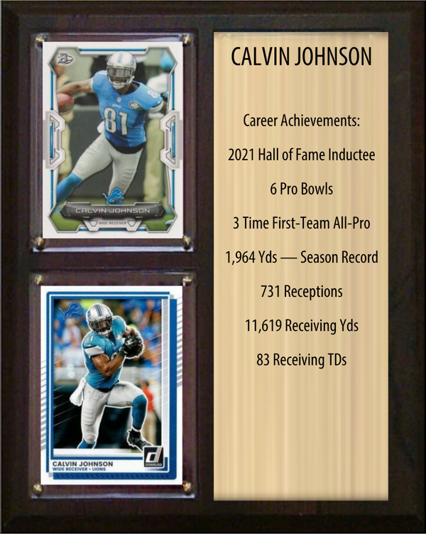 Calvin Johnson Detroit Lions football stats plaque with 2 trading cards and engraved nameplate, 8x10 fan cave display