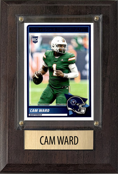 Cam Ward Tennessee Titans RC 2025 Miami Hurricanes Score 4x6 Gift football plaque with 1 trading card and engraved nameplate, 4x6 fan cave display