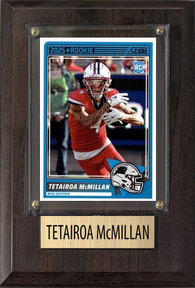 Tetairoa McMillan Carolina Panthers 2025 Donruss Score Prizm Topps 4x6 Gift football plaque with 1 trading card and engraved nameplate, 4x6 fan cave displa