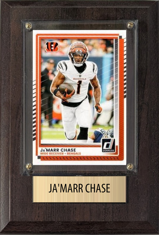 Ja'Marr Chase Cincinnati Bengals football plaque with 1 trading card and engraved nameplate, 4x6 fan cave display