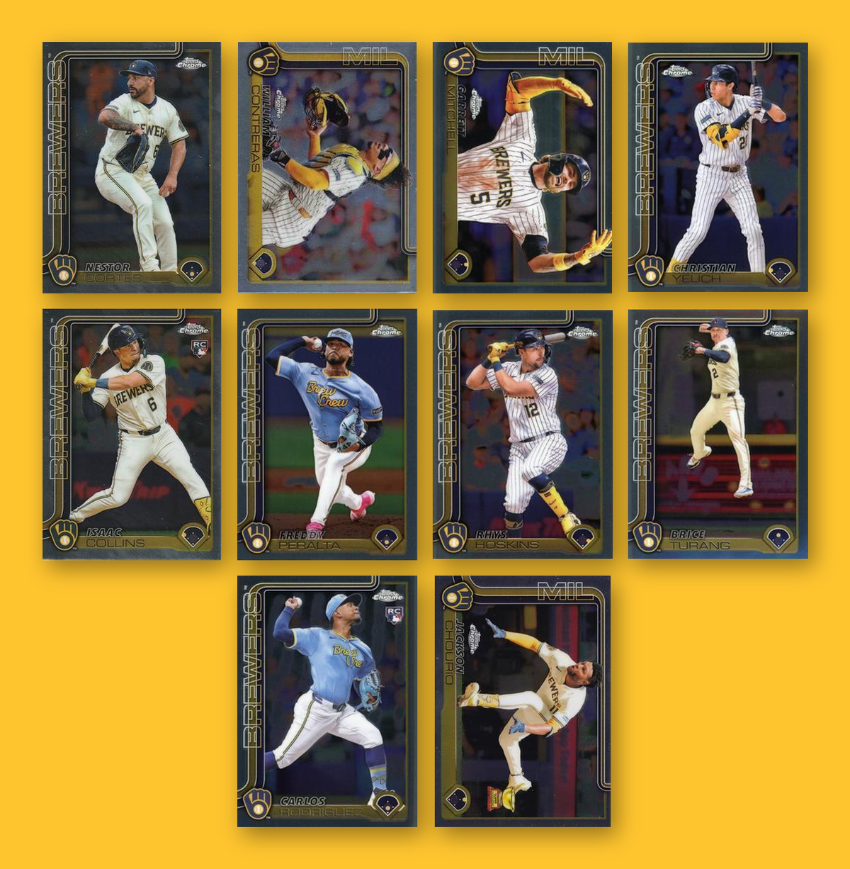 2025 Topps Chrome Milwaukee Brewers team set - all 10 base cards