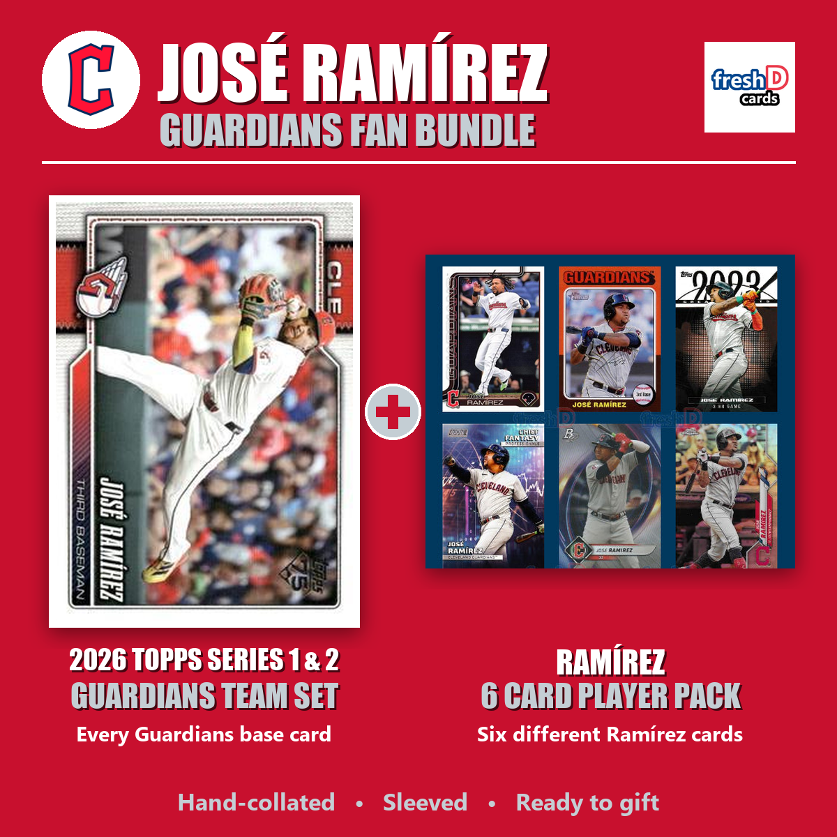José Ramírez Cleveland Guardians Baseball Fan Bundle - 2026 Topps Series 1 & 2 Team Set + 6 Card Player Pack