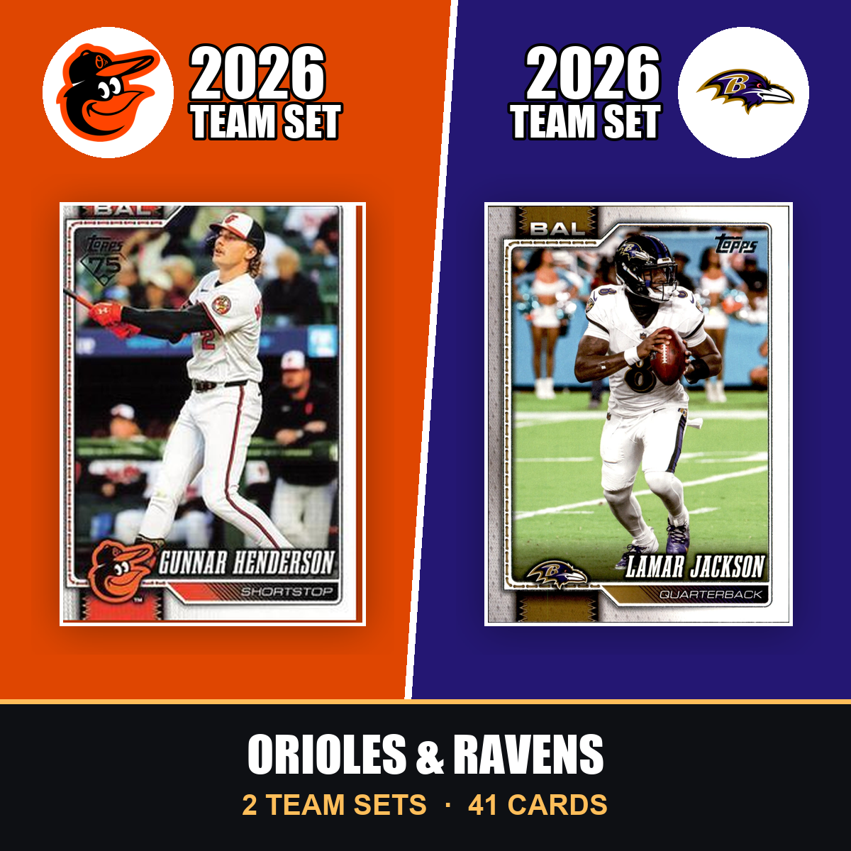 2026 Topps Baltimore Orioles & Ravens Team Set Combo - Baseball + Football 2-Sport Bundle - Gunnar Henderson & Lamar Jackson